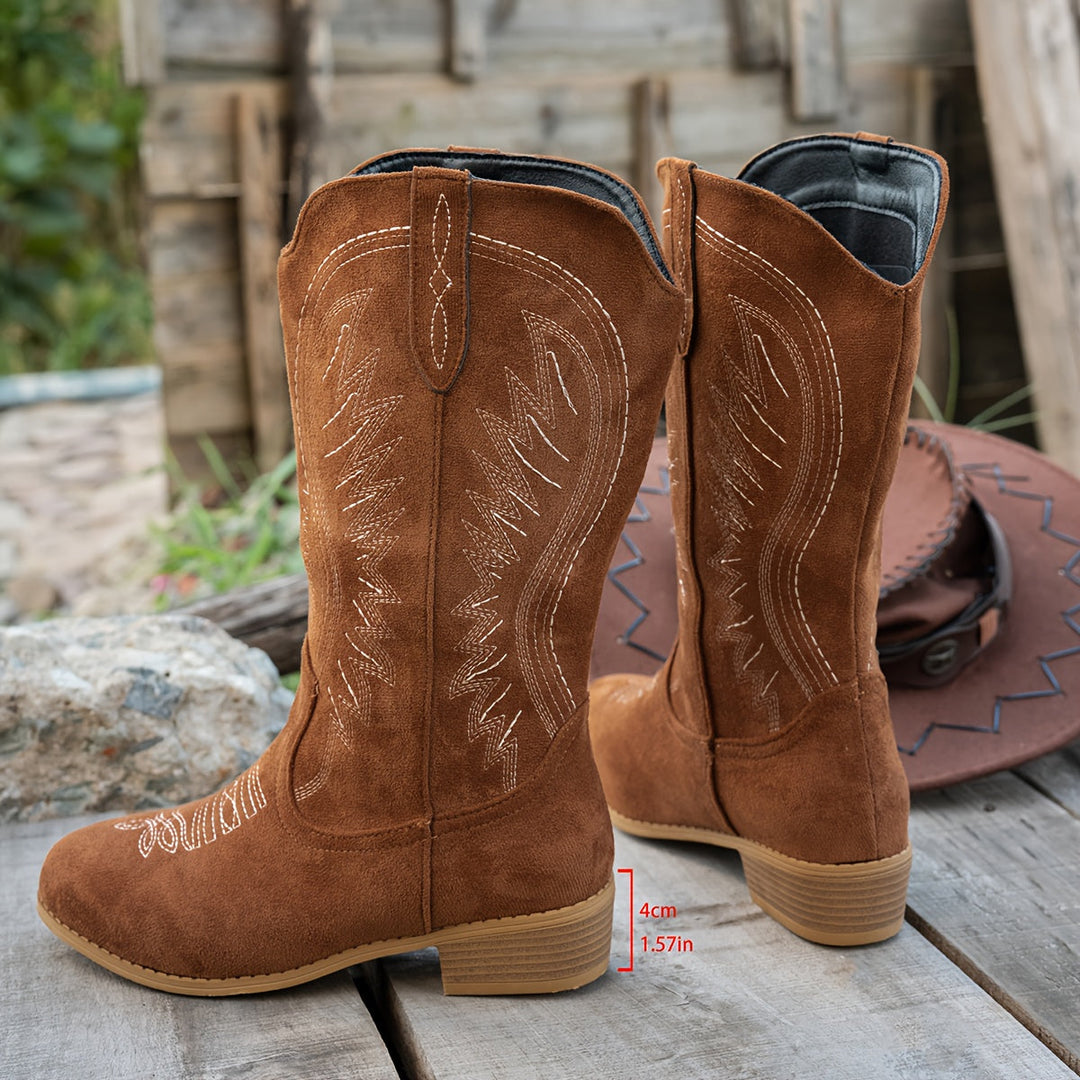 Women's Cream Stitch Western Mid Calf Boots in Tan