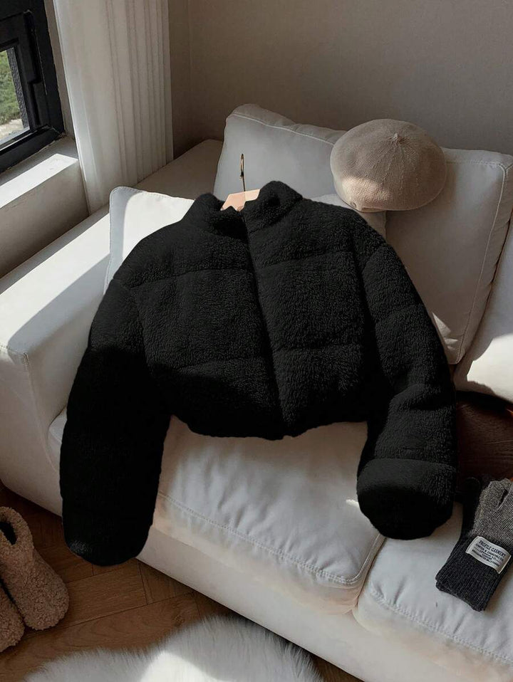 Women's Cropped Faux Fur Puffer with Stand Collar