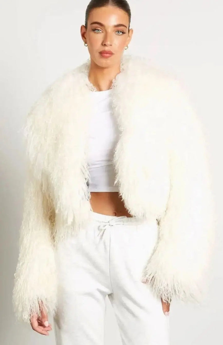 Women's Cropped Teddy-Style Faux Fur Coat Long Sleeves