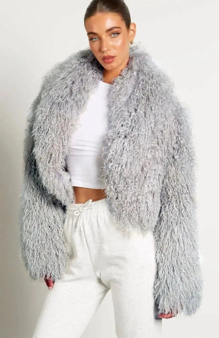 Women's Cropped Teddy-Style Faux Fur Coat Long Sleeves