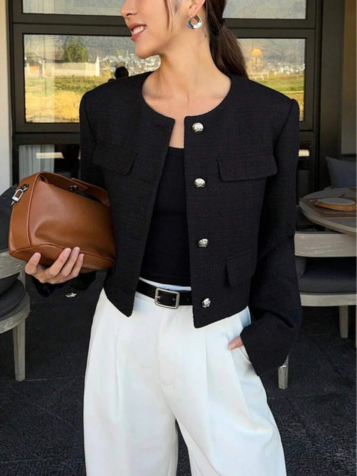Women's Cropped Textured Button Front Jacket