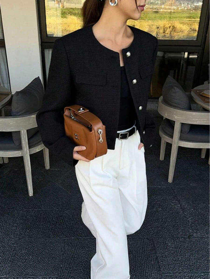 Women's Cropped Textured Button Front Jacket