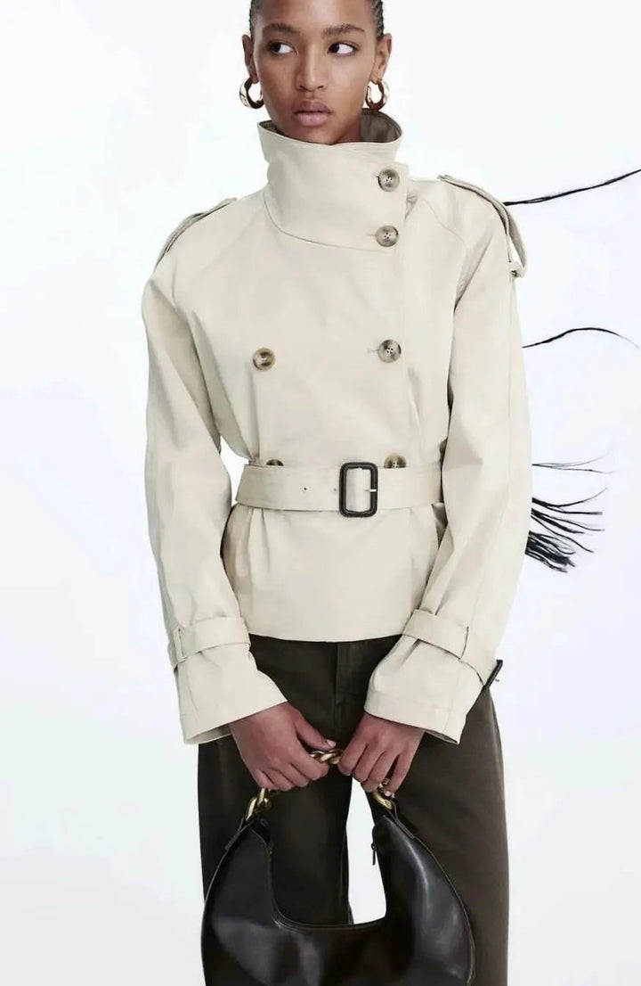 Women's Cropped Trench Coat Stand-Up Collar Belted Jacket