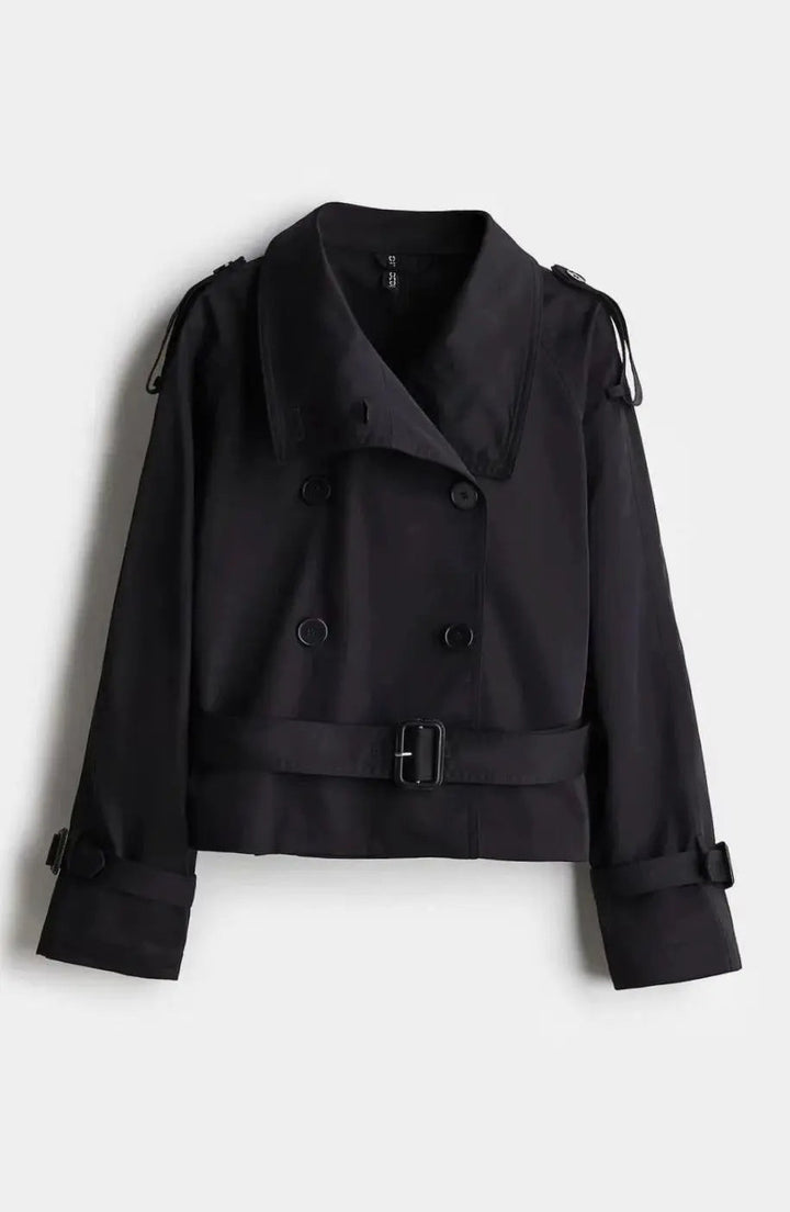 Women's Cropped Trench Coat Stand-Up Collar Belted Jacket