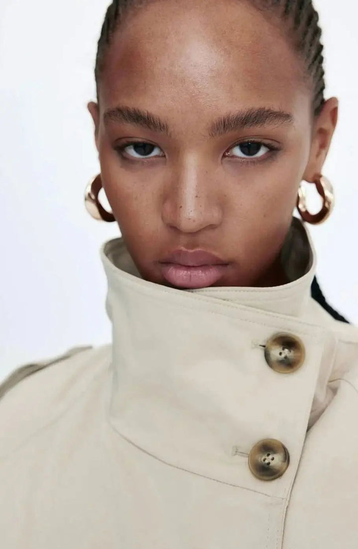 Women's Cropped Trench Coat Stand-Up Collar Belted Jacket