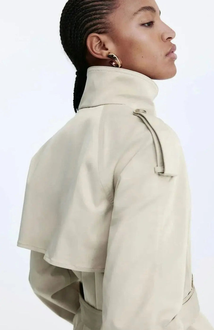 Women's Cropped Trench Coat Stand-Up Collar Belted Jacket