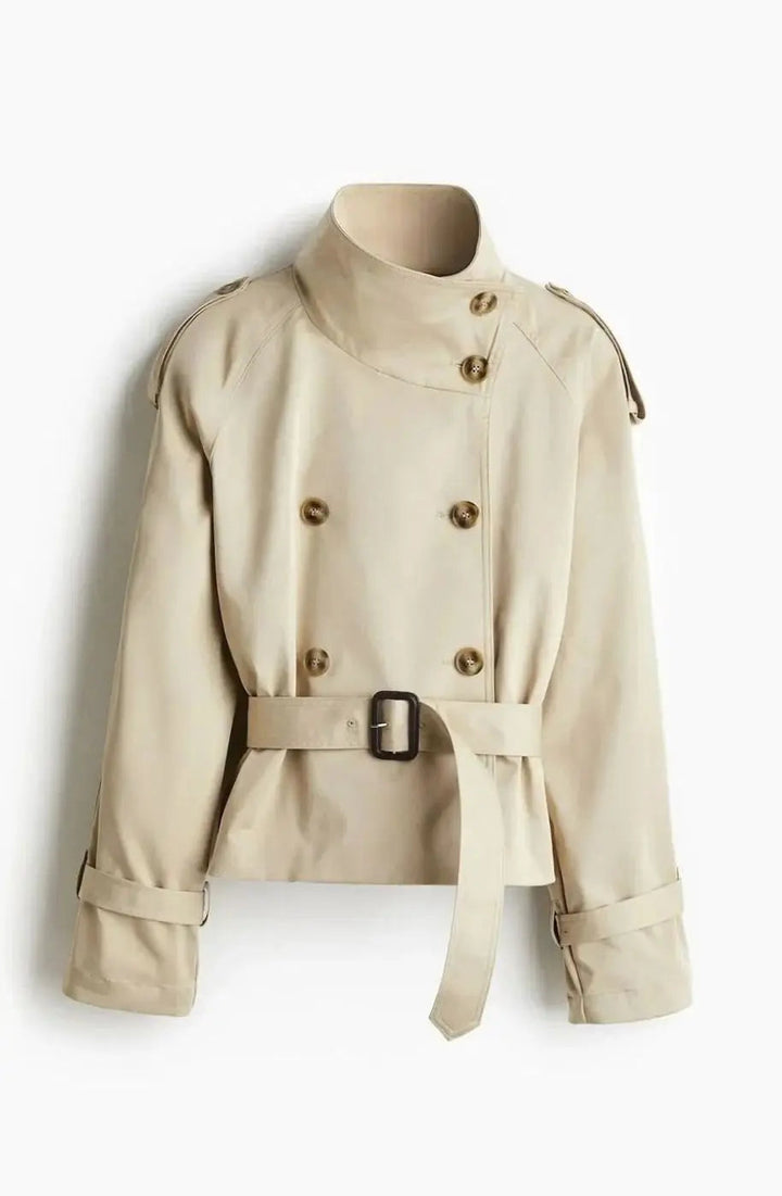 Women's Cropped Trench Coat Stand-Up Collar Belted Jacket