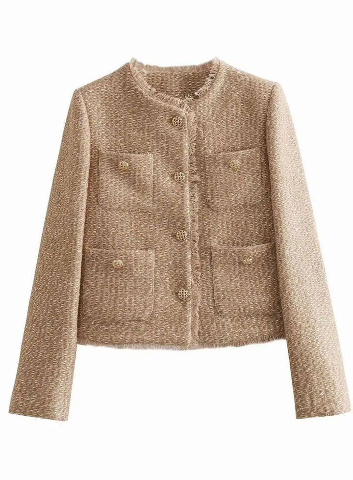 Women's Cropped Tweed Blazer Jacket Gold Button Front