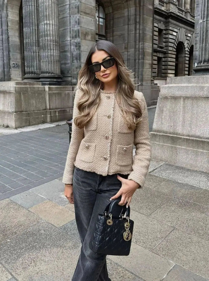 Women's Cropped Tweed Blazer Jacket Gold Button Front