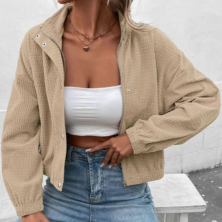 Women's Cropped Waffle-Texture Button-Up Bomber Jacket