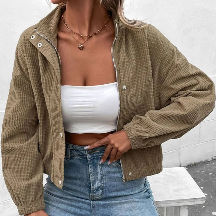 Women's Cropped Waffle-Texture Button-Up Bomber Jacket