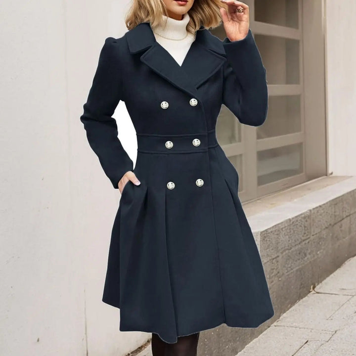 Women's Double-Breasted Flared Pleated Longline Wool-Touch Coat