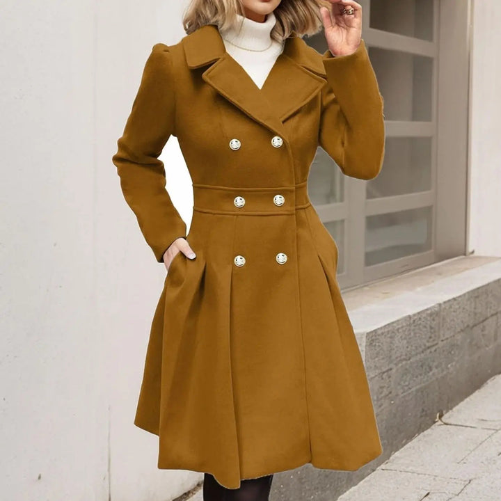 Women's Double-Breasted Flared Pleated Longline Wool-Touch Coat