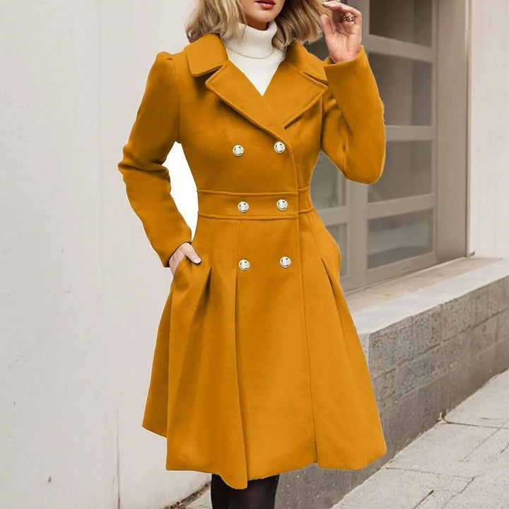 Women's Double-Breasted Flared Pleated Longline Wool-Touch Coat
