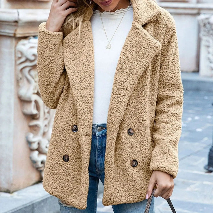 Women's Double-Breasted Teddy Bear Winter Coat Notched Lapel