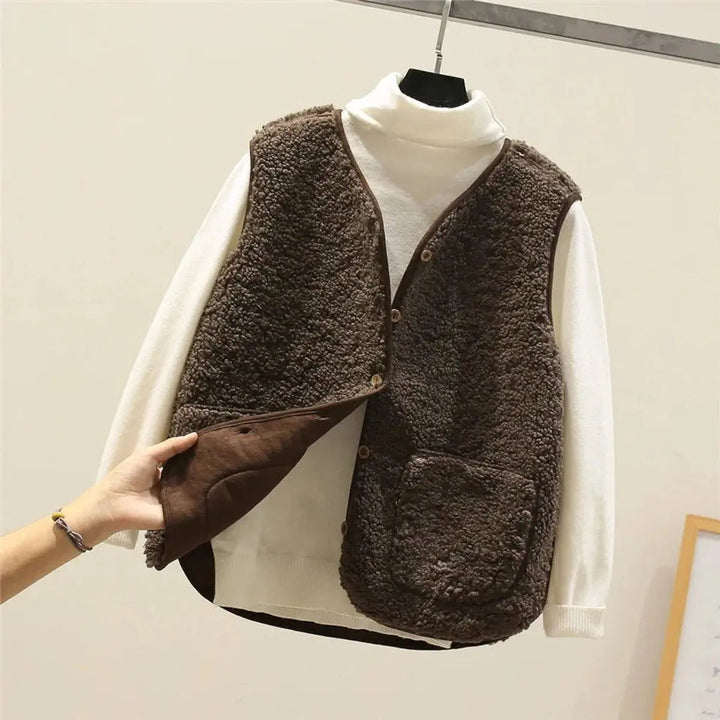 Women's Fleece Puffer Vest Button-Up Sherpa Gilet