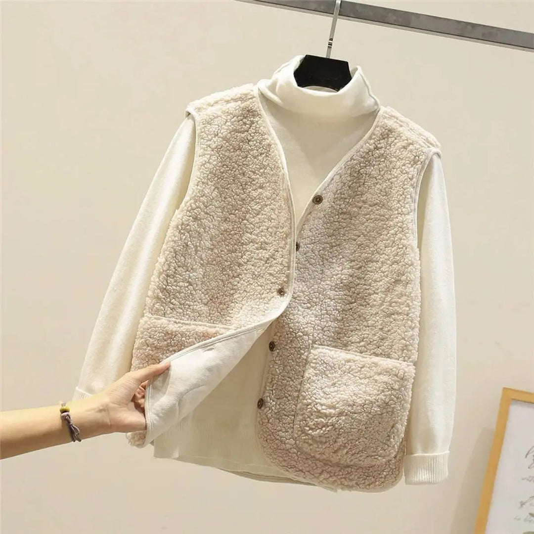 Women's Fleece Puffer Vest Button-Up Sherpa Gilet