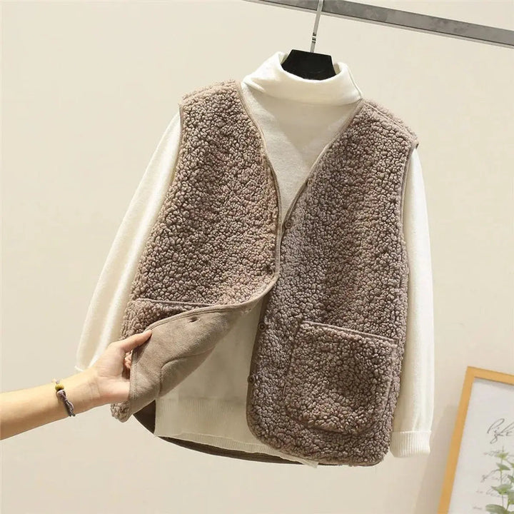 Women's Fleece Puffer Vest Button-Up Sherpa Gilet