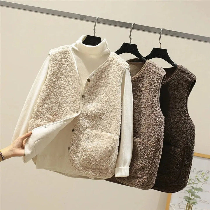 Women's Fleece Puffer Vest Button-Up Sherpa Gilet