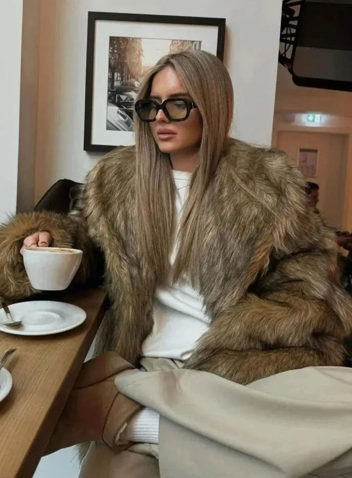 Women's Fluffy Brown Faux Fur Long-Sleeve Coat