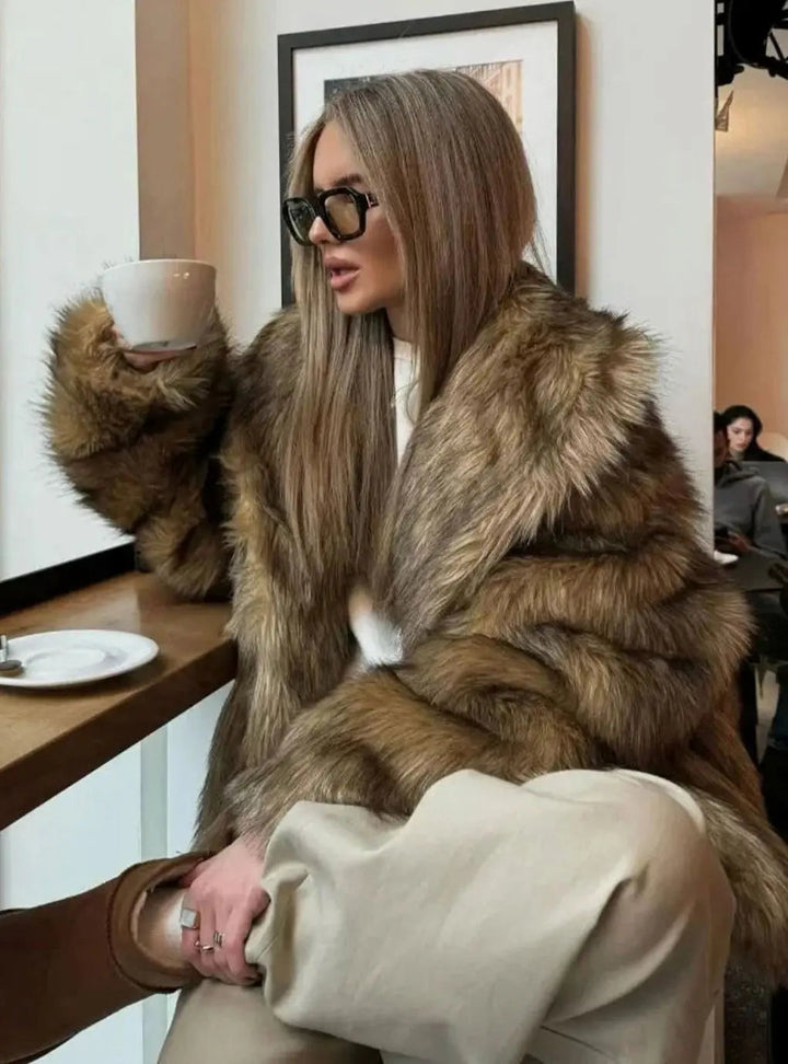 Women's Fluffy Brown Faux Fur Long-Sleeve Coat