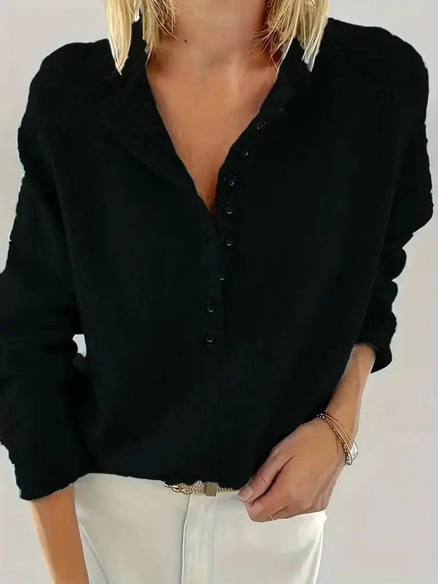 Women's Half-Button V-Neck Knit Sweater Pullover Jumper
