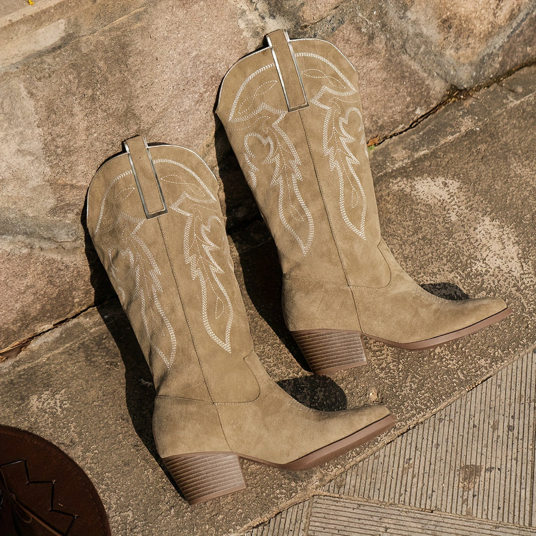 Women's Heart and Leaf Embroidered Knee High Western Boots