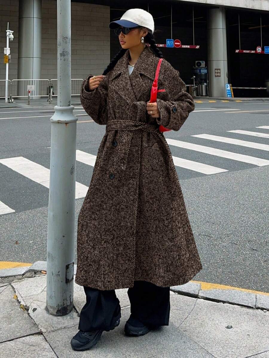 Women's Herringbone Drop Shoulder Longline Coat