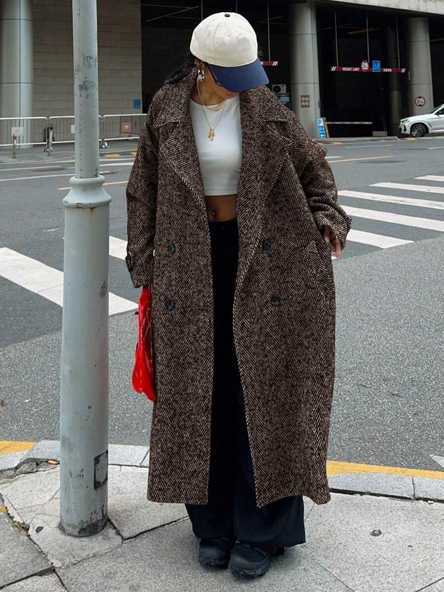 Women's Herringbone Drop Shoulder Longline Coat