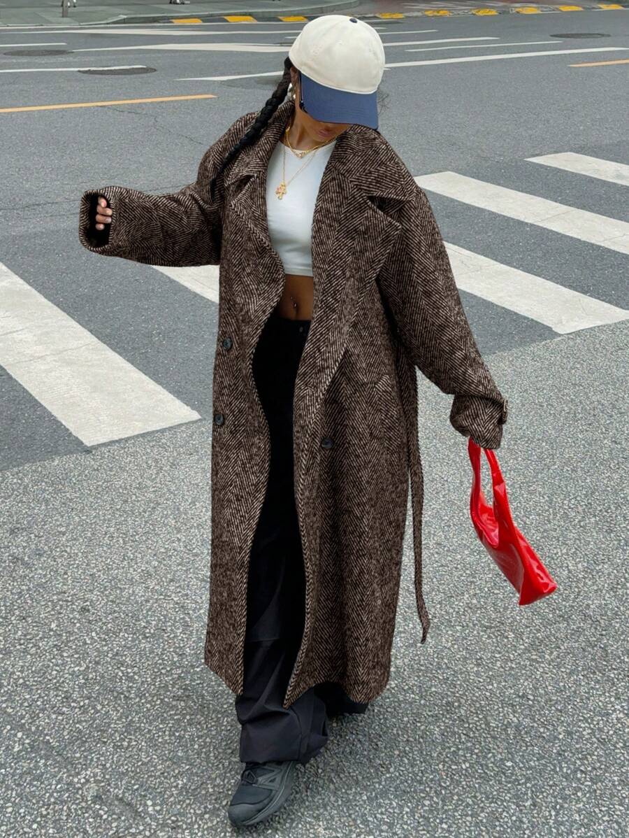 Women's Herringbone Drop Shoulder Longline Coat