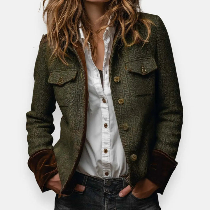 Women's Herringbone Tweed Utility Quilted Jacket Gold Button Detail