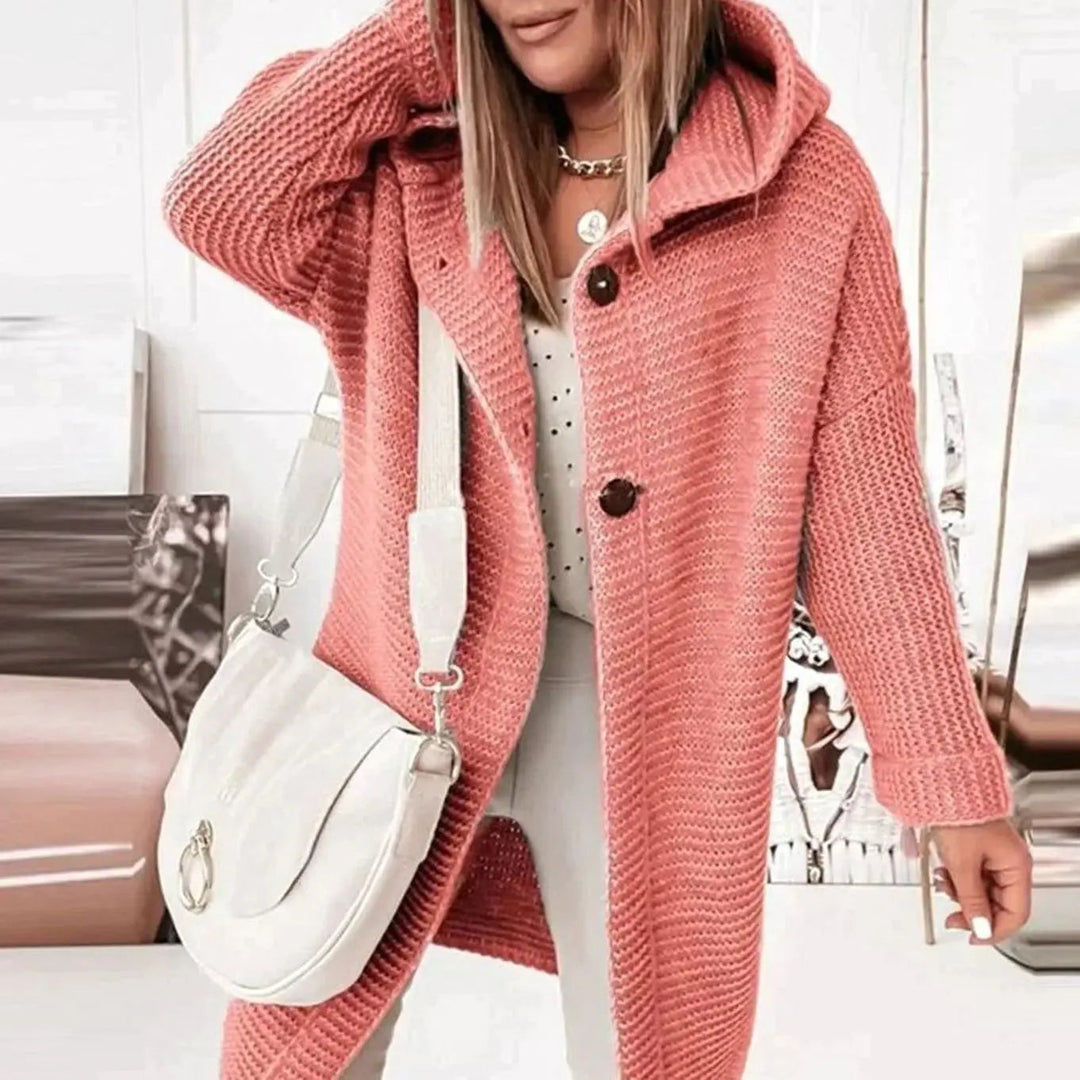 Women's Hooded Knit Cardigan Jacket Relaxed Longline Button