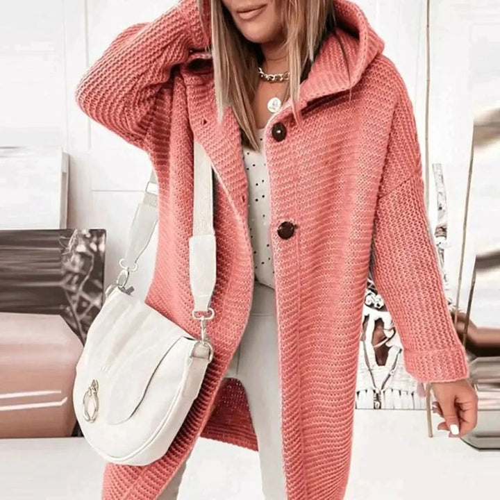 Women's Hooded Knit Cardigan Jacket Relaxed Longline Button