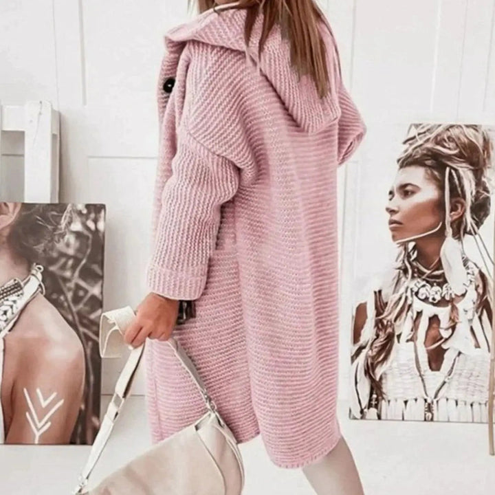 Women's Hooded Knit Cardigan Jacket Relaxed Longline Button