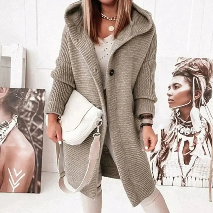 Women's Hooded Knit Cardigan Jacket Relaxed Longline Button