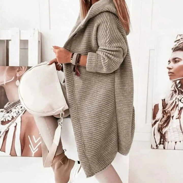 Women's Hooded Knit Cardigan Jacket Relaxed Longline Button