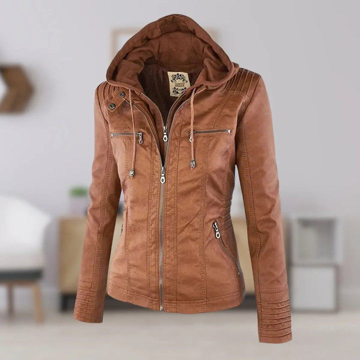 Women's Hooded Removable-Hood Faux Leather Biker Coat