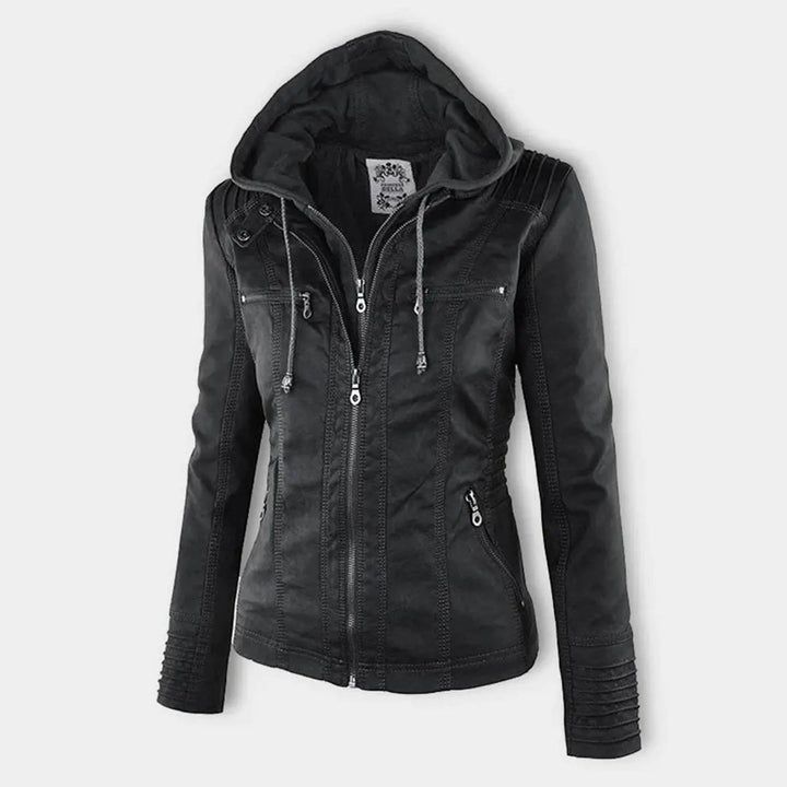 Women's Hooded Removable-Hood Faux Leather Biker Coat