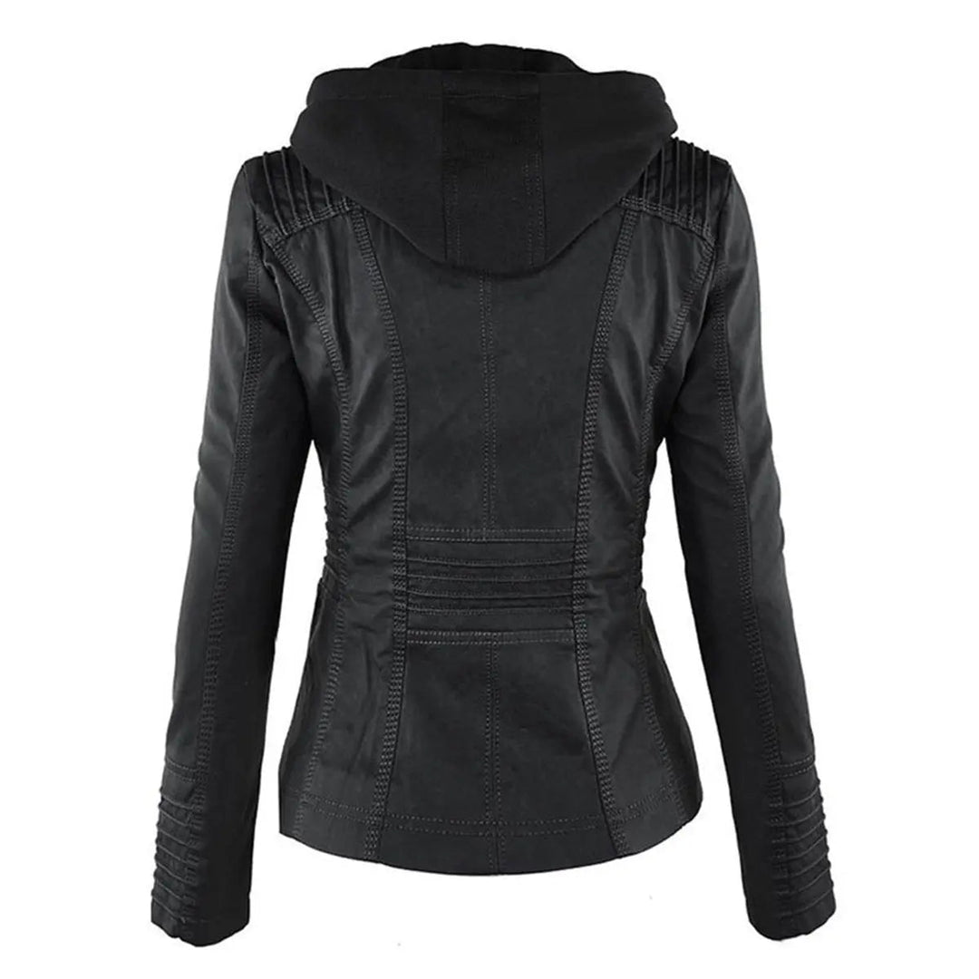 Women's Hooded Removable-Hood Faux Leather Biker Coat