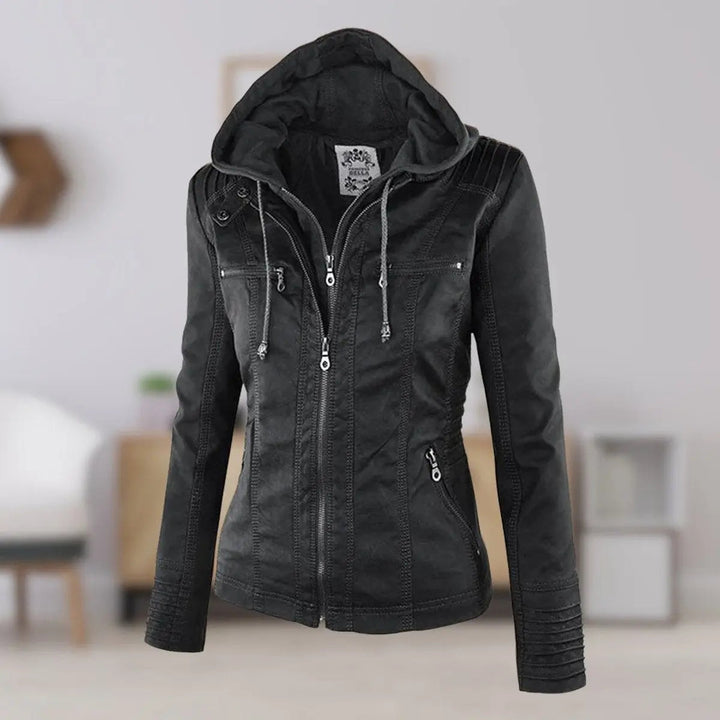Women's Hooded Removable-Hood Faux Leather Biker Coat