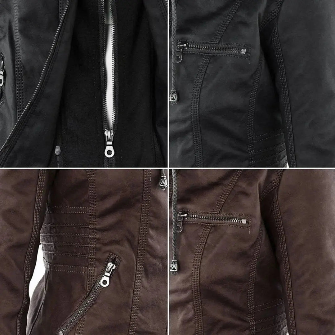 Women's Hooded Removable-Hood Faux Leather Biker Coat