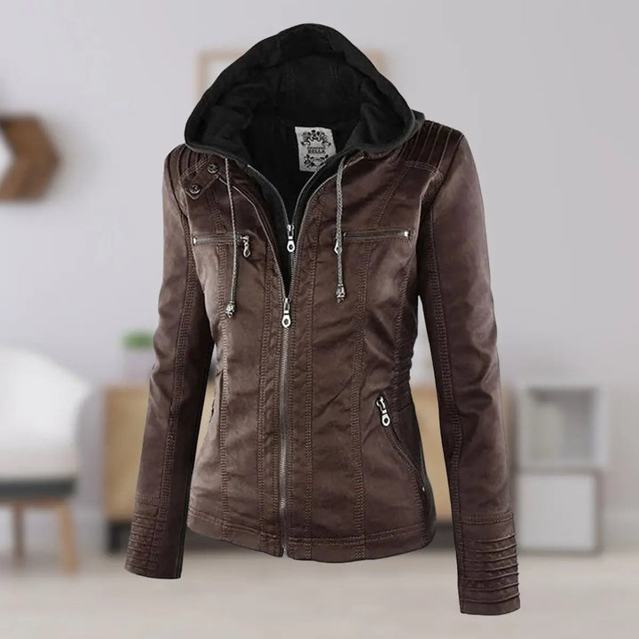 Women's Hooded Removable-Hood Faux Leather Biker Coat