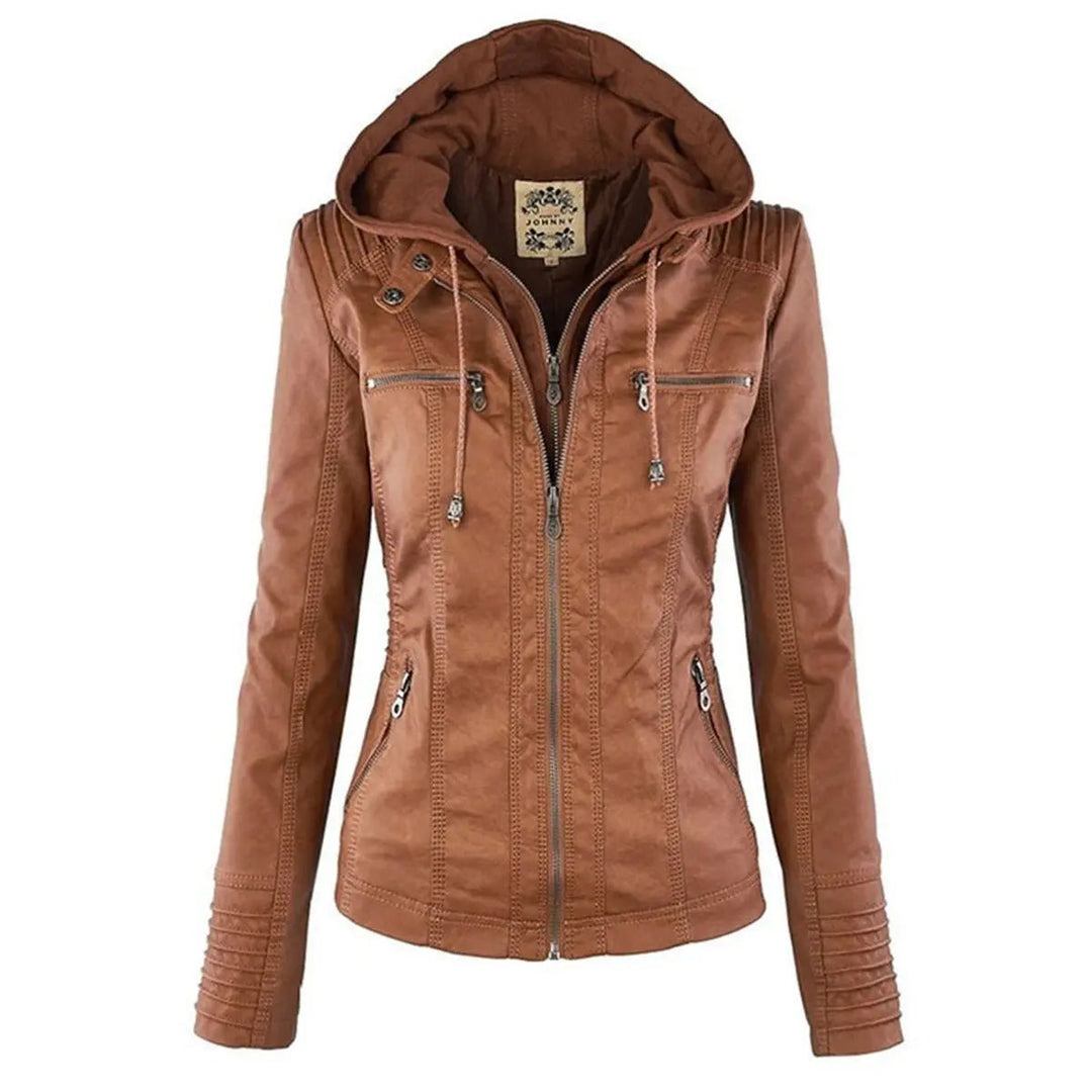 Women's Hooded Removable-Hood Faux Leather Biker Coat