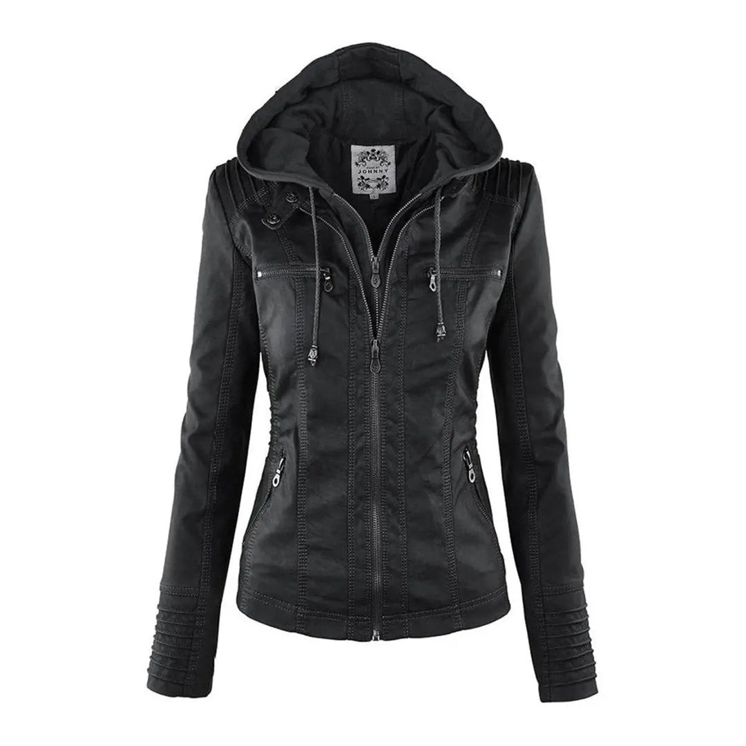 Women's Hooded Removable-Hood Faux Leather Biker Coat