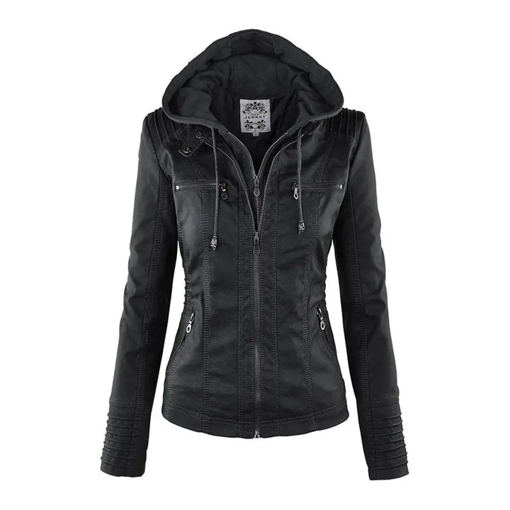 Women's Hooded Removable-Hood Faux Leather Biker Coat