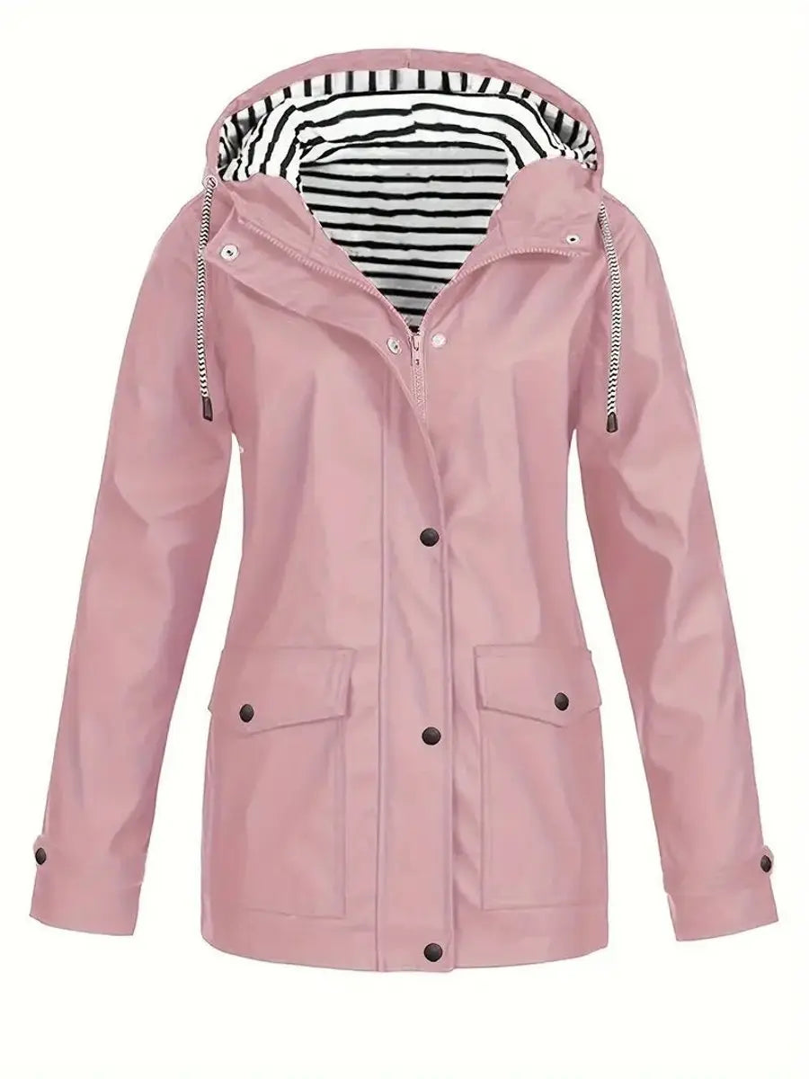 Women's Hooded Waterproof Striped-Lined Zip-Up Rain Coat
