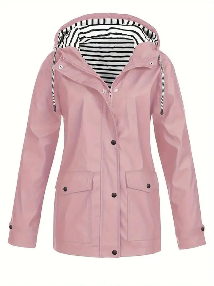 Women's Hooded Waterproof Striped-Lined Zip-Up Rain Coat