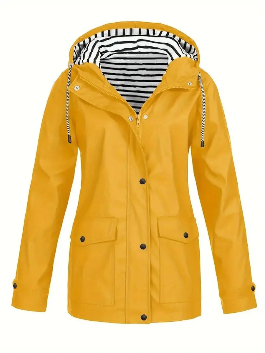 Women's Hooded Waterproof Striped-Lined Zip-Up Rain Coat