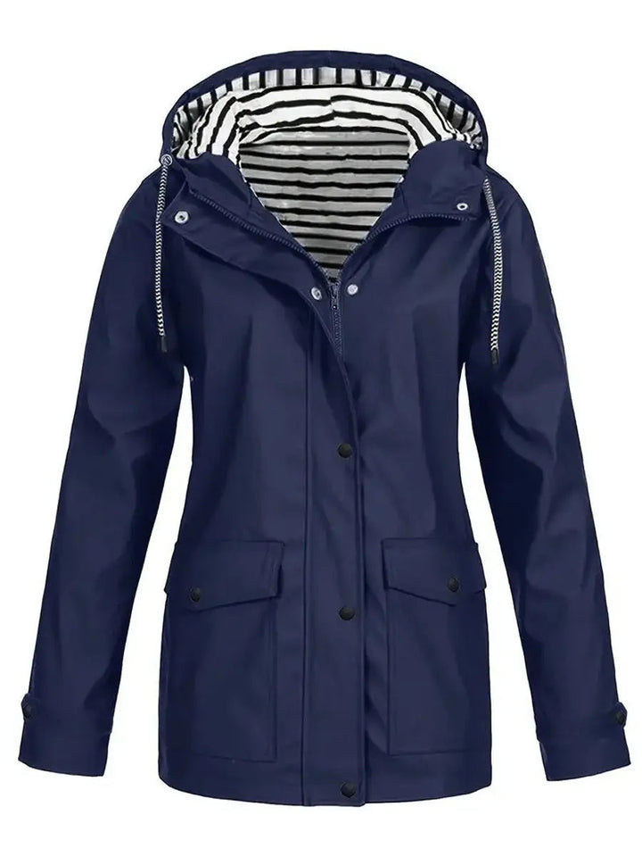Women's Hooded Waterproof Striped-Lined Zip-Up Rain Coat