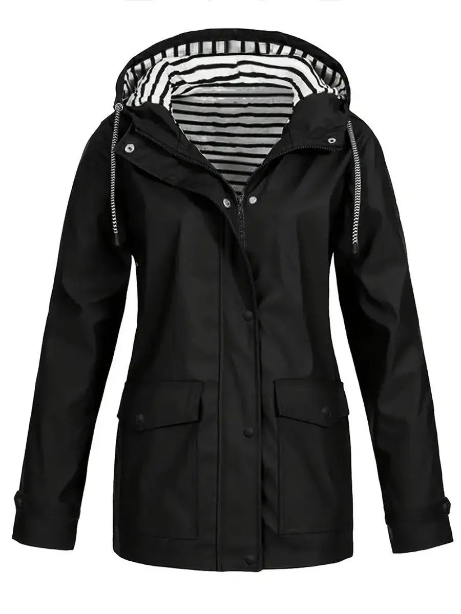 Women's Hooded Waterproof Striped-Lined Zip-Up Rain Coat